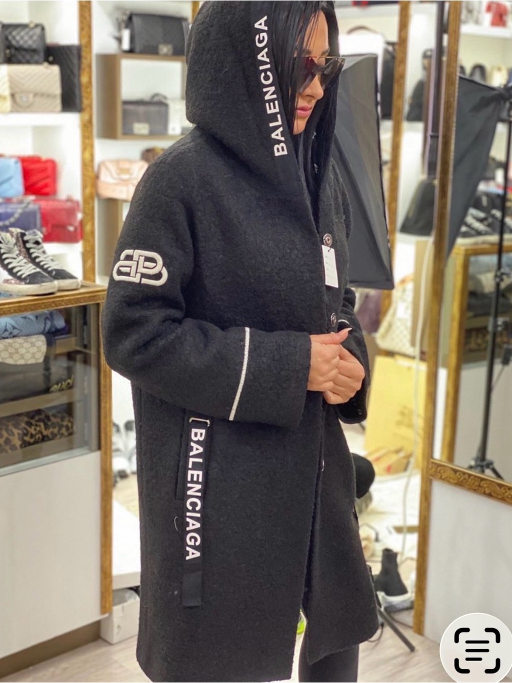 Balenciaga Black Hooded Wool Pea Coat with Logo Trim
